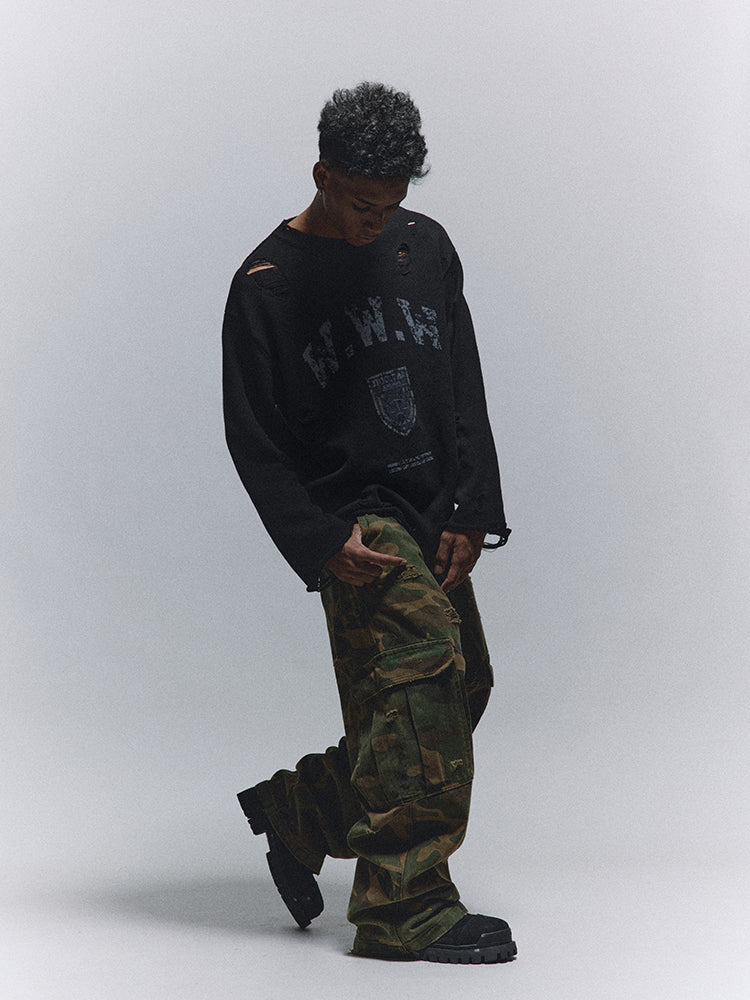 ANTIDOTE Hole Breaking Badge Printed Knit Sweater | Face 3 Face