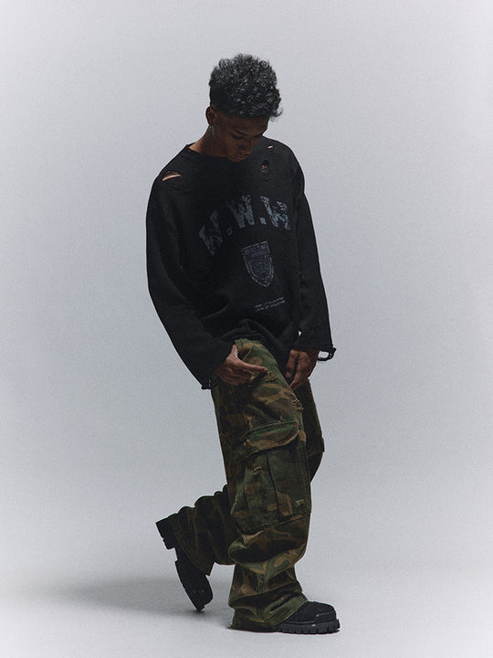 ANTIDOTE Hole Breaking Badge Printed Knit Sweater | Face 3 Face