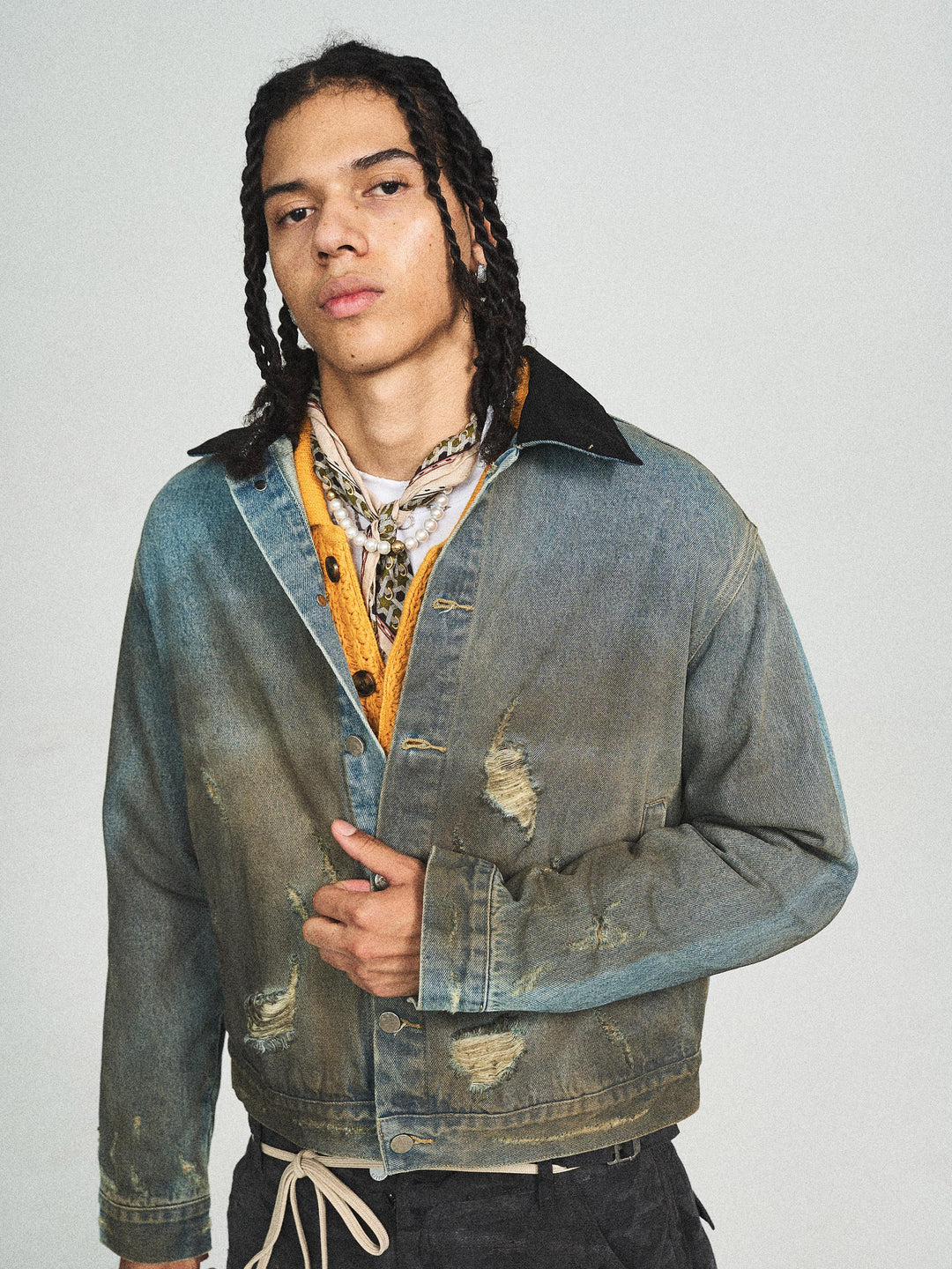 STEEPC Vintage Dirty Wash Ripped Corduroy Lapel Denim Jacket | Face 3 Face