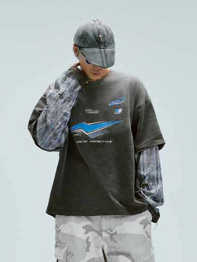 F2CE Washed Racing Patchwork Crackle Printed Long Sleeve Tee | Face 3 Face