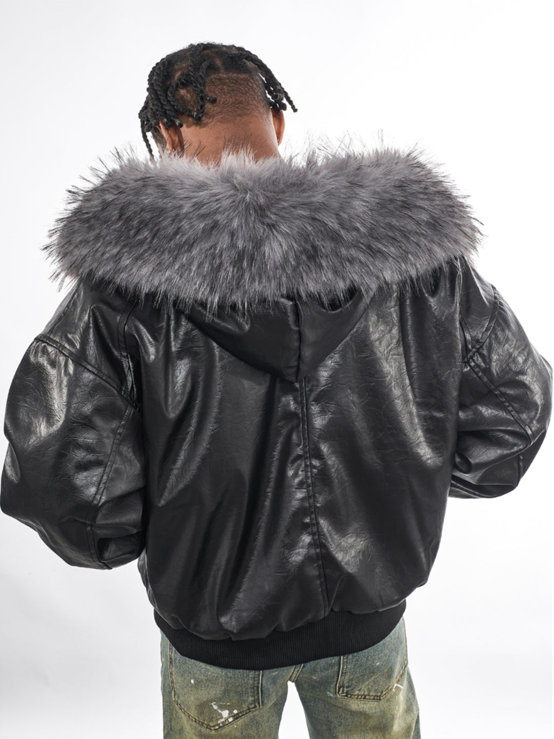 F3F Select Red Velvet Lining PU Leather Fur Hooded Bomber Jacket | Face 3 Face