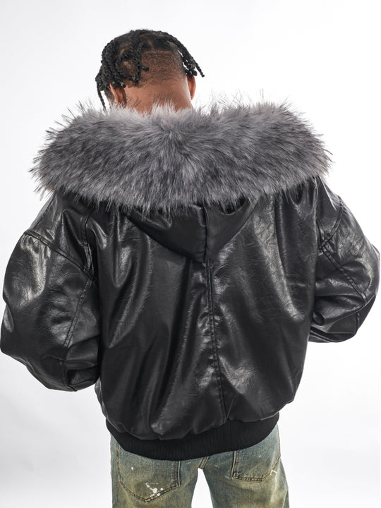 F3F Select Red Velvet Lining PU Leather Fur Hooded Bomber Jacket | Face 3 Face