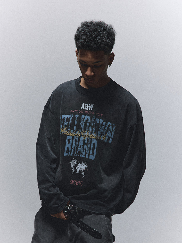 ANTIDOTE Printed Reverse Stitching Washed Long Sleeve Tee | Face 3 Face