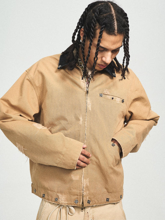 STEEPC Vintage Washed Ripped Studded Lapel Work Jacket | Face 3 Face