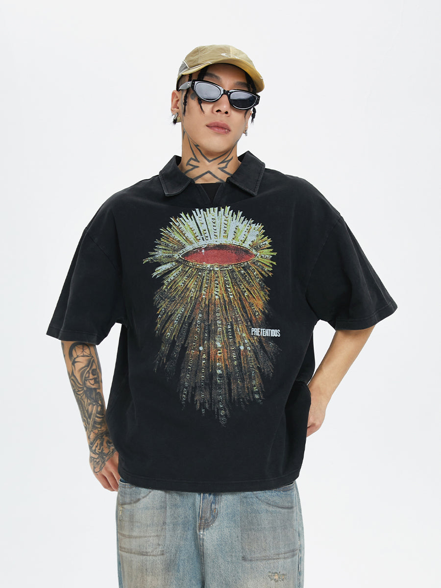 F2CE Washed Distressed Printing Polo Shirt