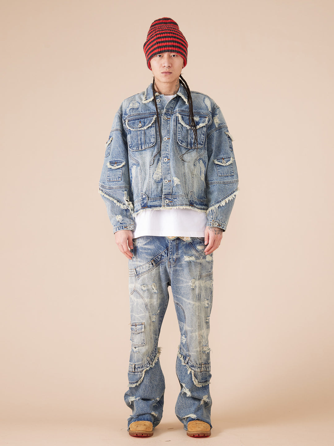 EVILKNIGHT(EK) Washed Heavy Embroidery Destroyed Patchwork Denim Jacket