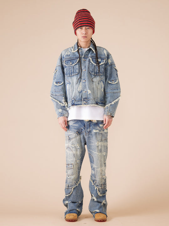 EVILKNIGHT(EK) Washed Heavy Embroidery Destroyed Patchwork Denim Jacket