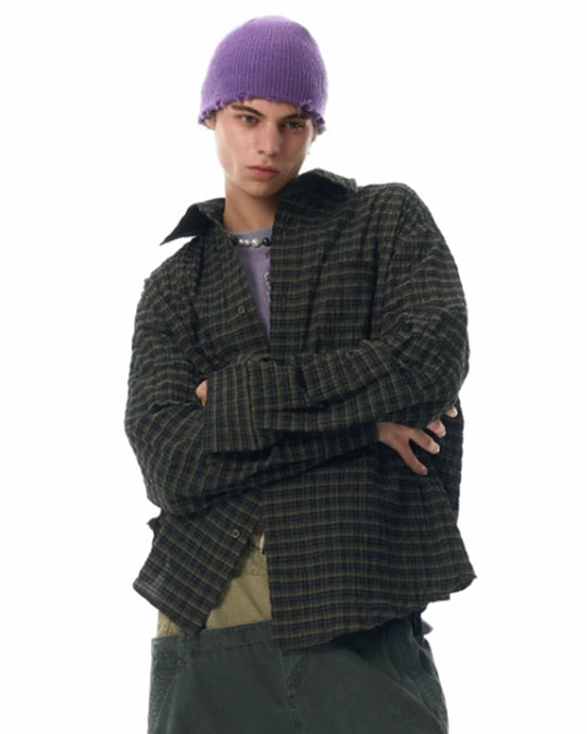 JHYQ Vintage Plaid Patchwork Long Sleeved Shirt | Face 3 Face