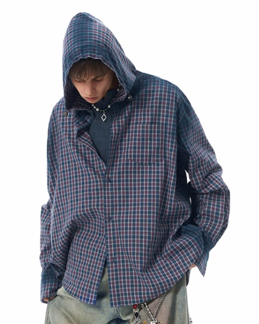 JHYQ Gradation Plaid Hooded Long Sleeved Shirt | Face 3 Face