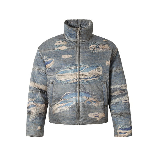 YADcrew Ragged Oil Denim Printed Down Jacket | Face 3 Face