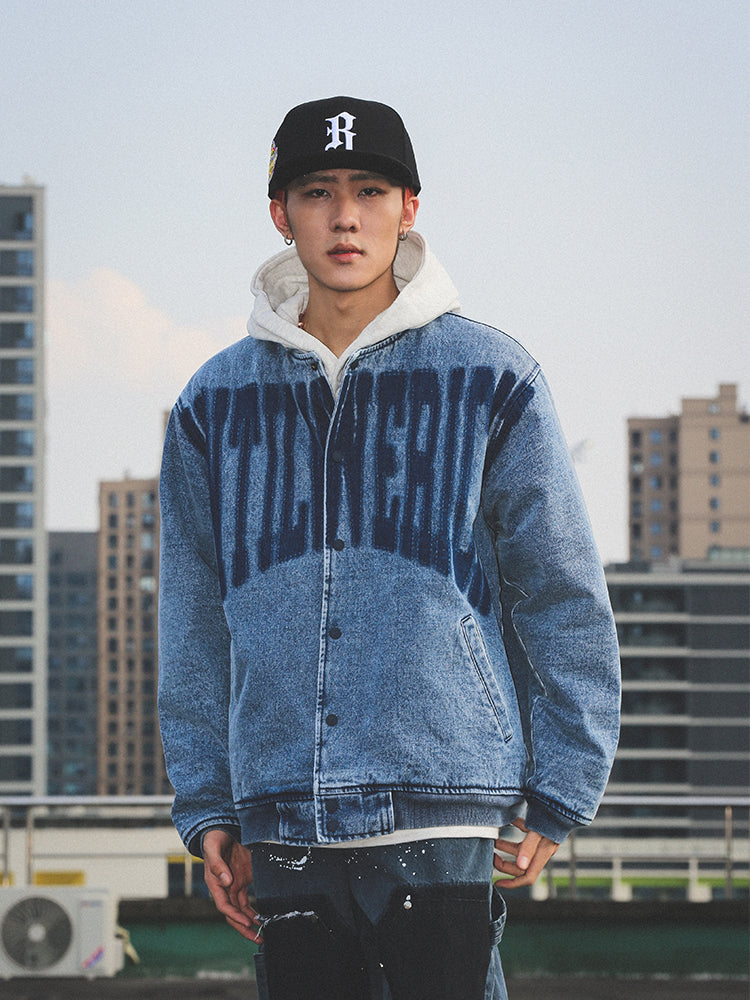 UNTILWERICH Washed Denim Aged Baseball Jacket | Face 3 Face