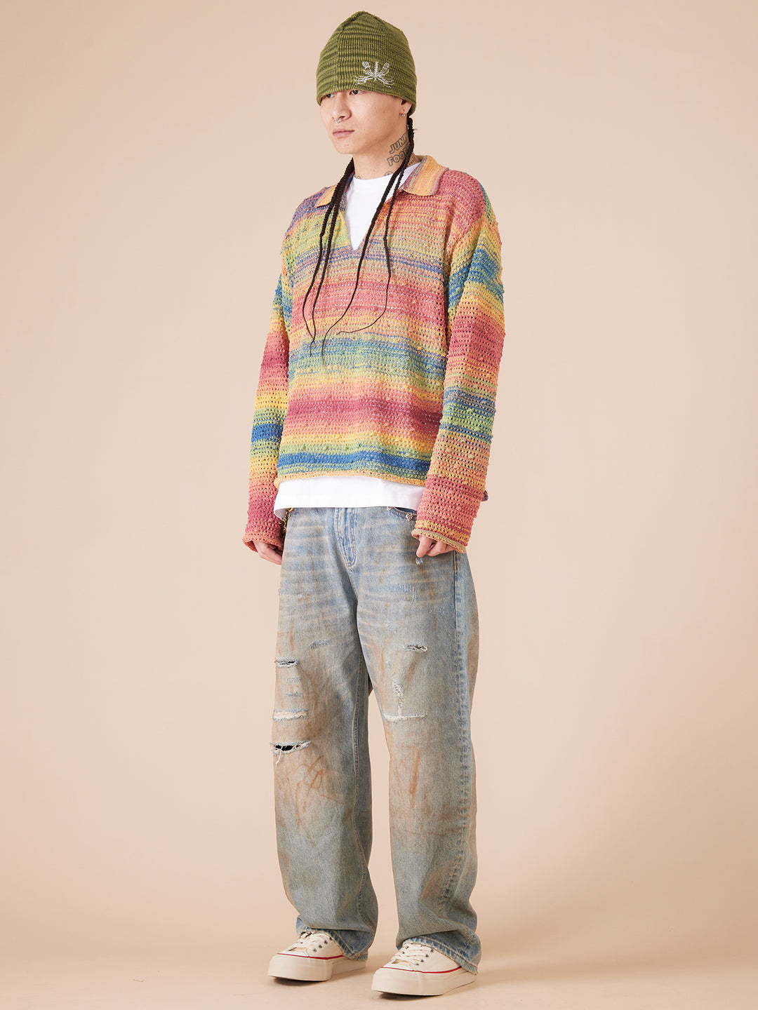 EVILKNIGHT(EK) Rainbow Dyeing Drum Wave Knit Sweater