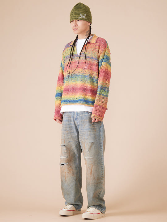 EVILKNIGHT(EK) Rainbow Dyeing Drum Wave Knit Sweater