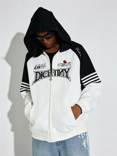 DICETINY Rose Embroidery Logo Printed Zip Up Hoodie | Face 3 Face