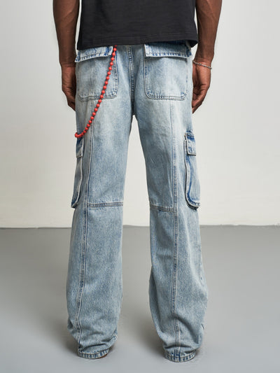 F3F Select Light Blue Washed 3D Multi-Pocket Baggy Cargo Jeans | Face 3 Face