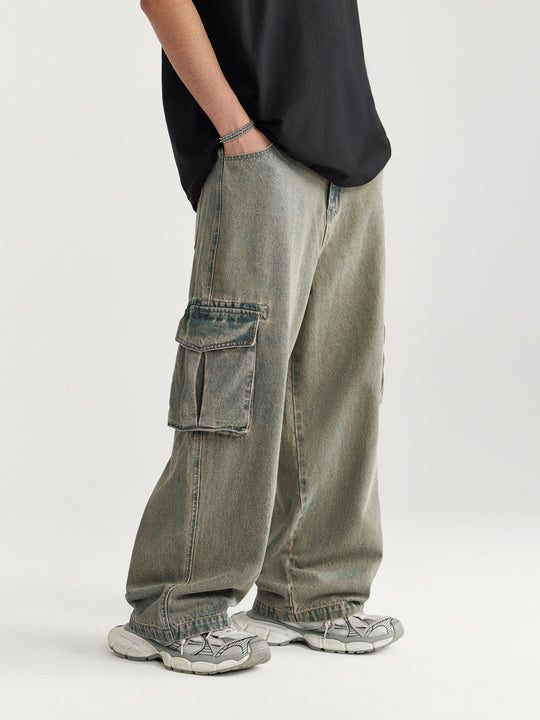 F3F Select Street Washed Old Mud Dyed Large Pockets Work Cargo Jeans