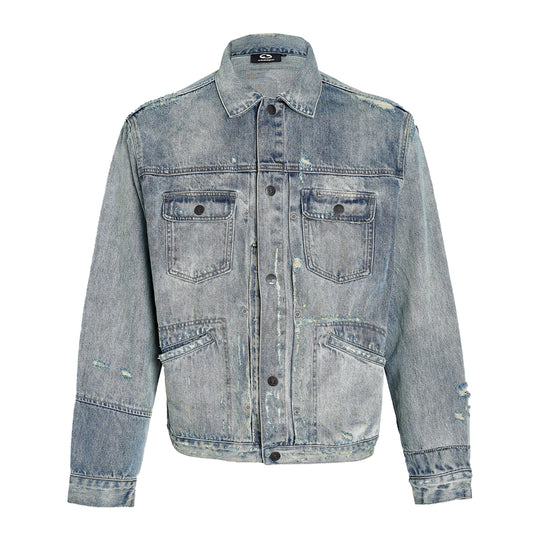 STEEPC Washed Vintage Aged Destroyed Pleated Denim Jacket | Face 3 Face
