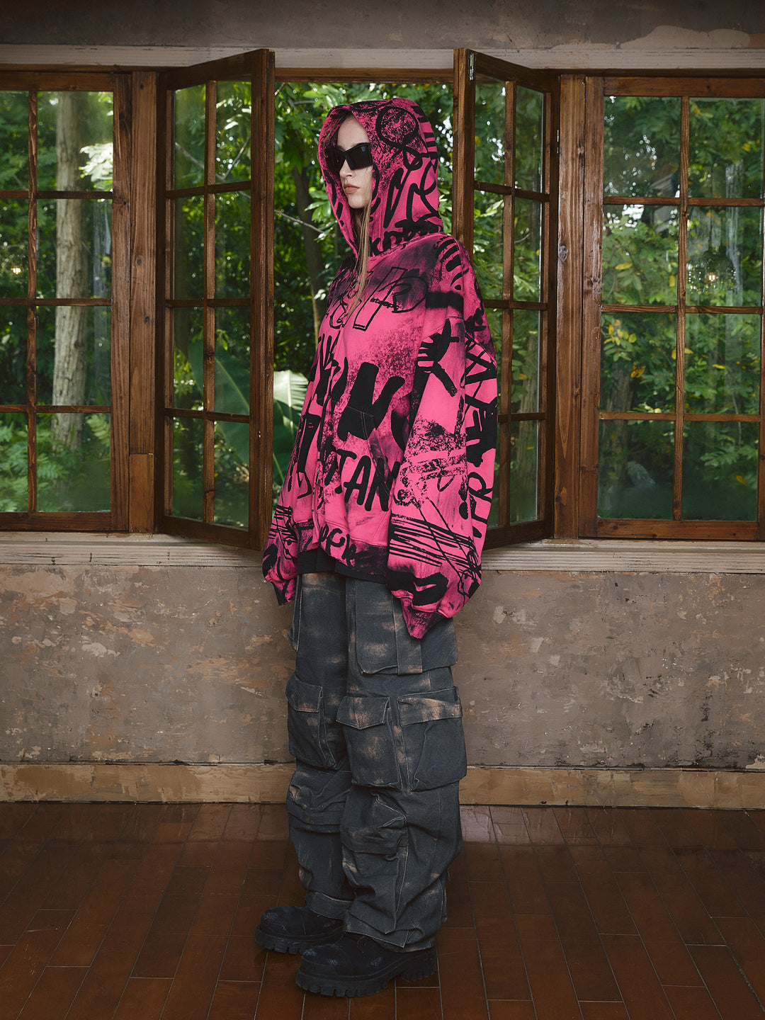 STEEPC Pink Graffiti Drop Shoulder Zip Hoodie | Face 3 Face