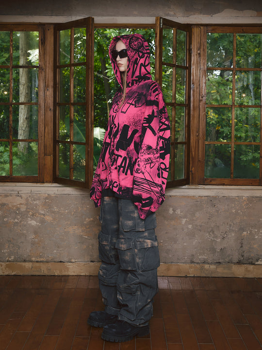 STEEPC Pink Graffiti Drop Shoulder Zip Hoodie | Face 3 Face