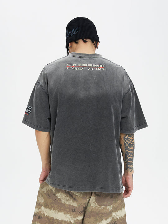 F2CE Washed Gradient Racing Cracked Letter Print Tee