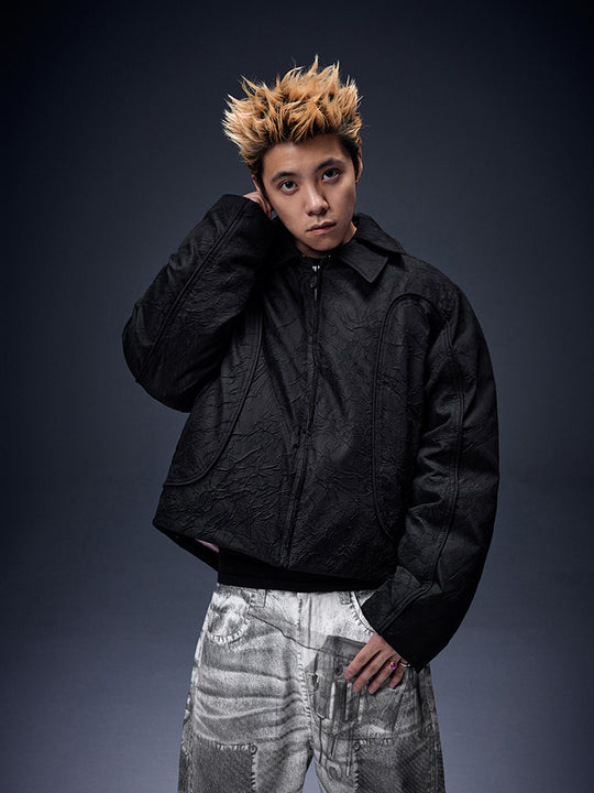 YADcrew Pleated Double Collar Pressed Wrinkled Puffer Jacket | Face 3 Face