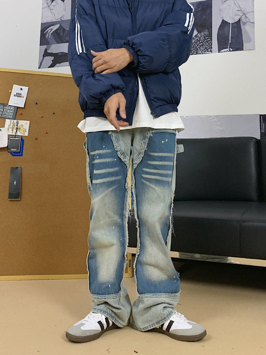 F3F Select Washed Distressed Patchwork Splash Ink Denim Jeans