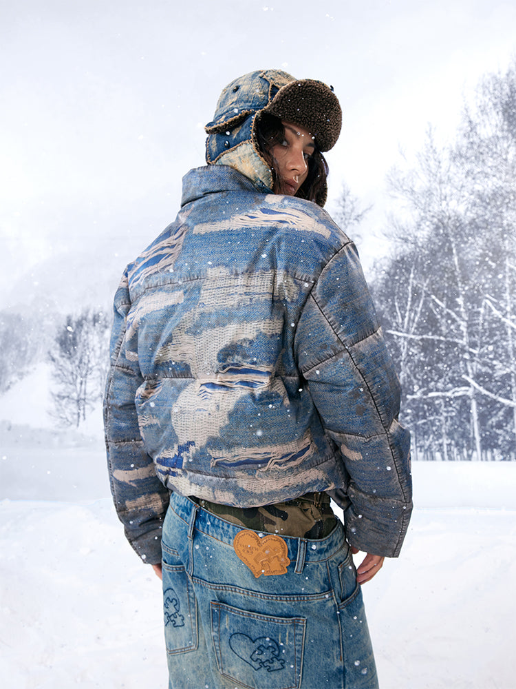 YADcrew Ragged Oil Denim Printed Down Jacket | Face 3 Face