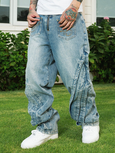 S45 Washed Vintage Stitching Baggy Jeans | Face 3 Face