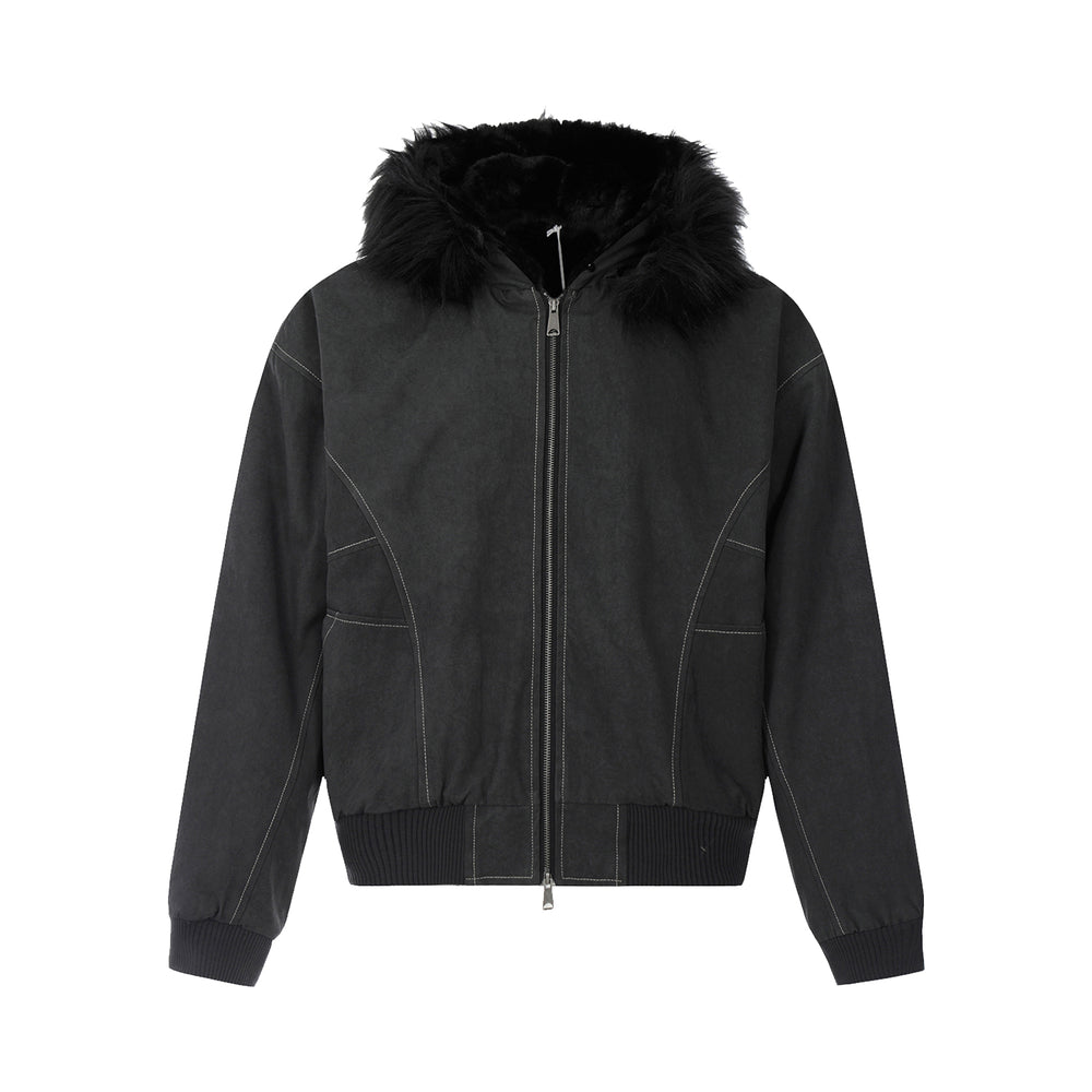 F3F Select Washed Deconstruction Fur Hooded Bomber Jacket | Face 3 Face