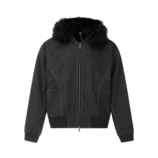 F3F Select Washed Deconstruction Fur Hooded Bomber Jacket | Face 3 Face