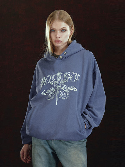 DICETINY Metal Studs Button Sword Printed Hoodie | Face 3 Face