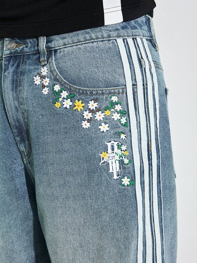 DICETINY Side Striped Floral Embroidered Washed Jeans | Face 3 Face