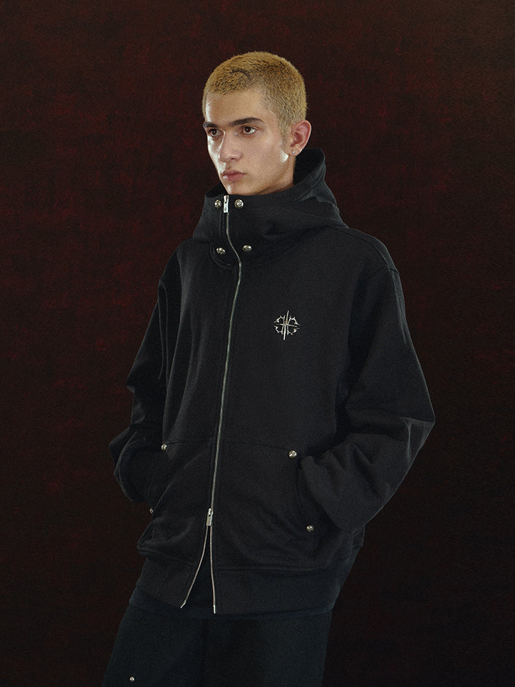 DICETINY Metal Logo & Studs Sword Printed Zip Up Hoodie | Face 3 Face