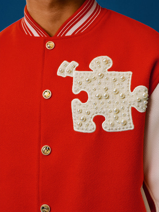 YADcrew Puzzle Snake Pearl Varsity Jacket | Face 3 Face