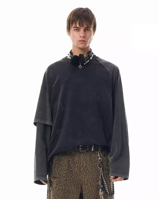 JHYQ Fake Two Pieces Washed Long Sleeved Tee | Face 3 Face