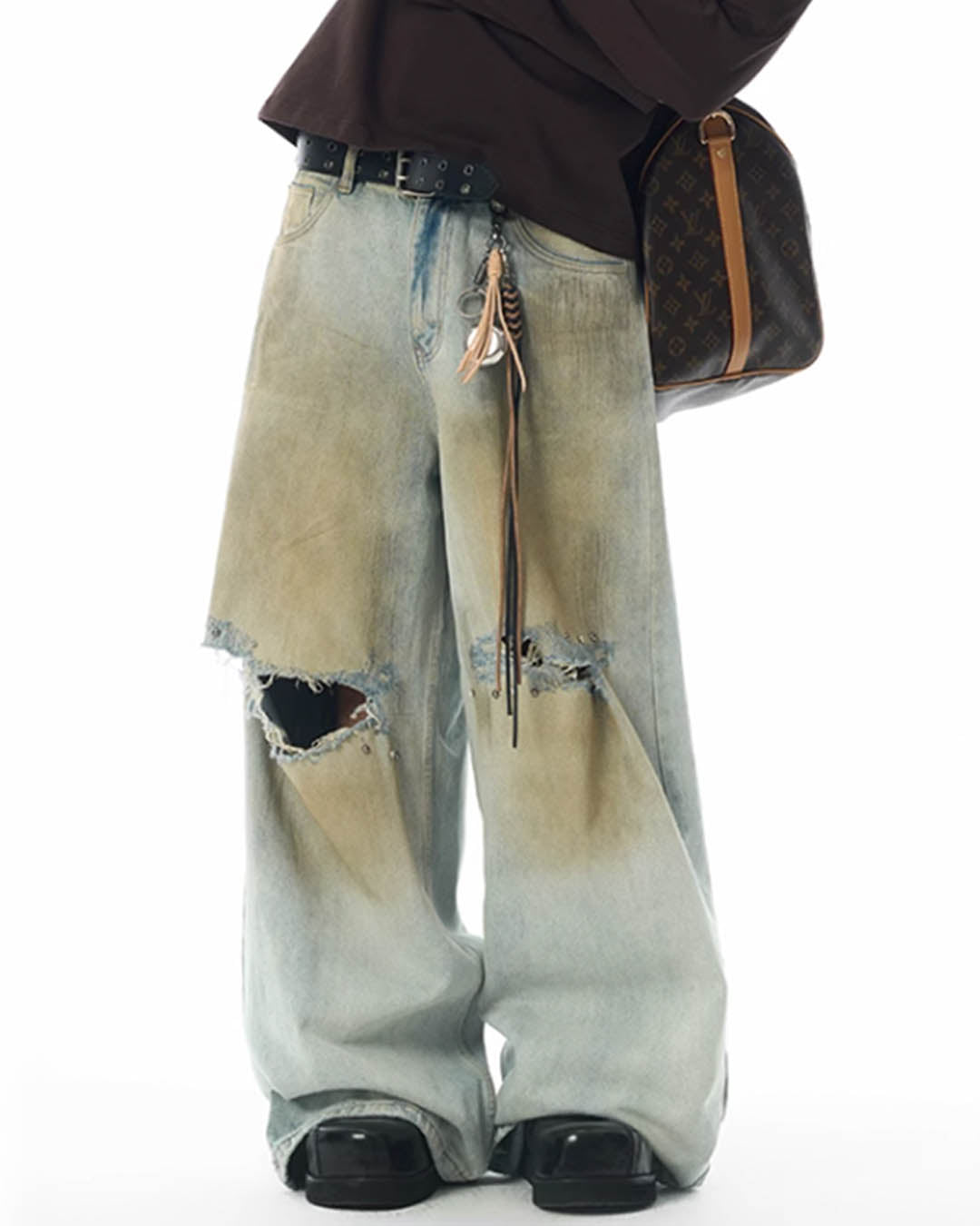 JHYQ Dirty Dye Ripped Rivets Diamonds Baggy Jeans | Face 3 Face