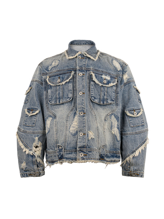 EVILKNIGHT(EK) Washed Heavy Embroidery Destroyed Patchwork Denim Jacket