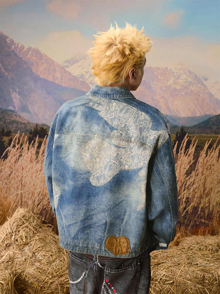 YADcrew Lace Peace Dove Faux Distressed Washed Print Denim Jacket | Face 3 Face