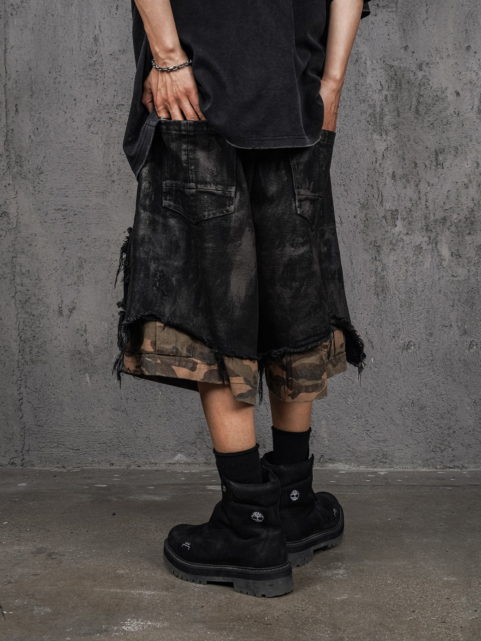 UNDERWATER Double Layer Damage Black Cargo Denim Shorts | Baggy Jorts | Face 3 Face