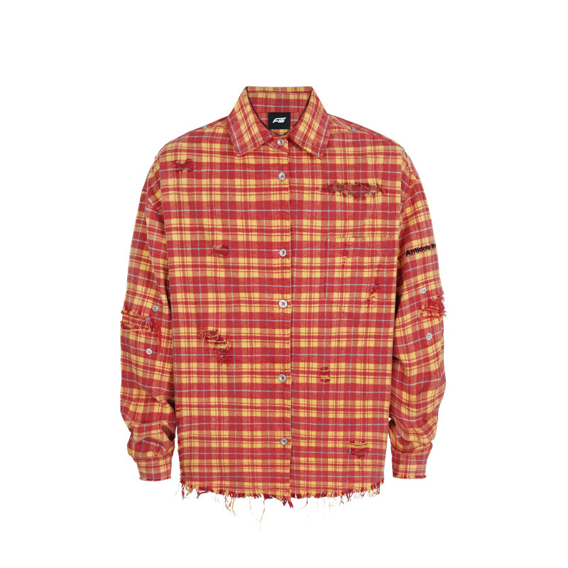 ANTIDOTE Destroyed Studded Plaid Long Sleeve Shirt | Face 3 Face