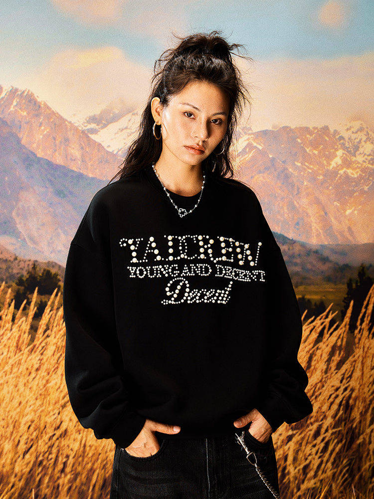 YADcrew Pearl Beadwork Text Typography Sweatshirt | Face 3 Face