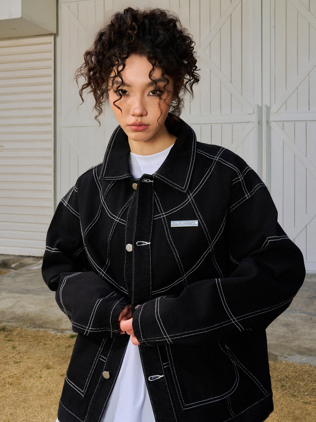 AFGK Patchwork Black Stitching Plaid Lapel Denim Jacket