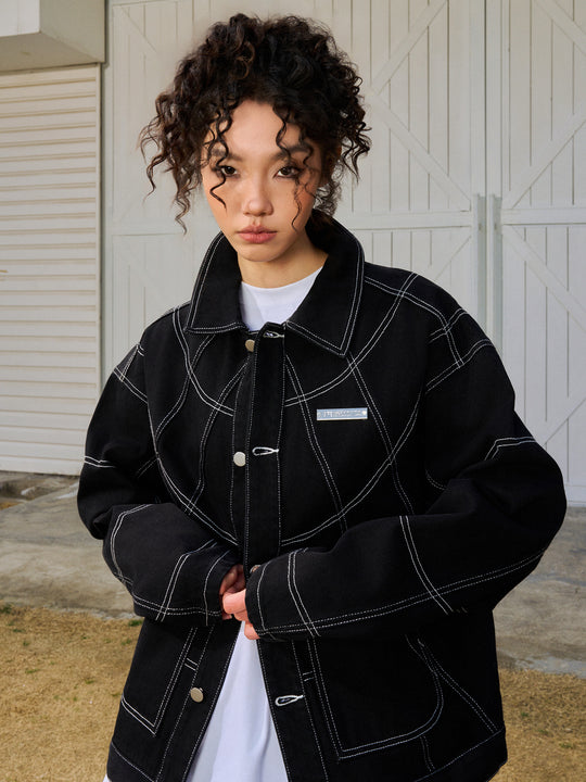 AFGK Patchwork Black Stitching Plaid Lapel Denim Jacket