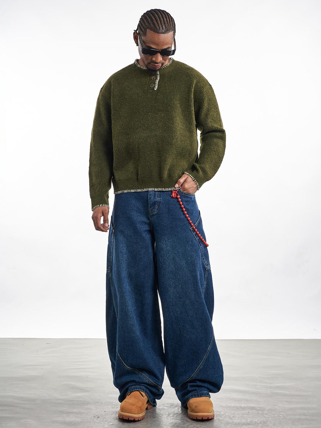 F3F Select White Stitching Henley Neck Knit Sweater | Face 3 Face