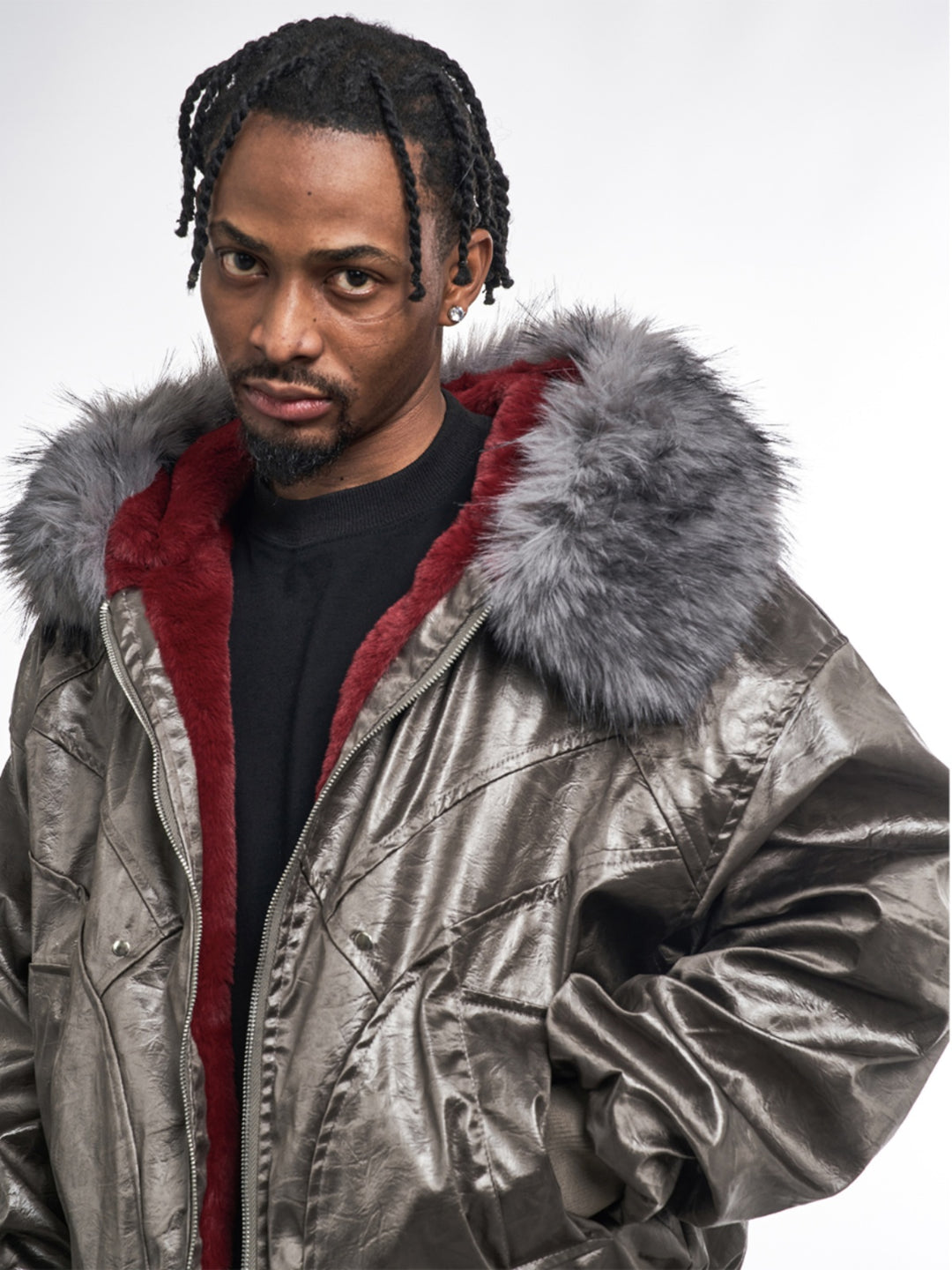 F3F Select Red Velvet Lining PU Leather Fur Hooded Bomber Jacket | Face 3 Face