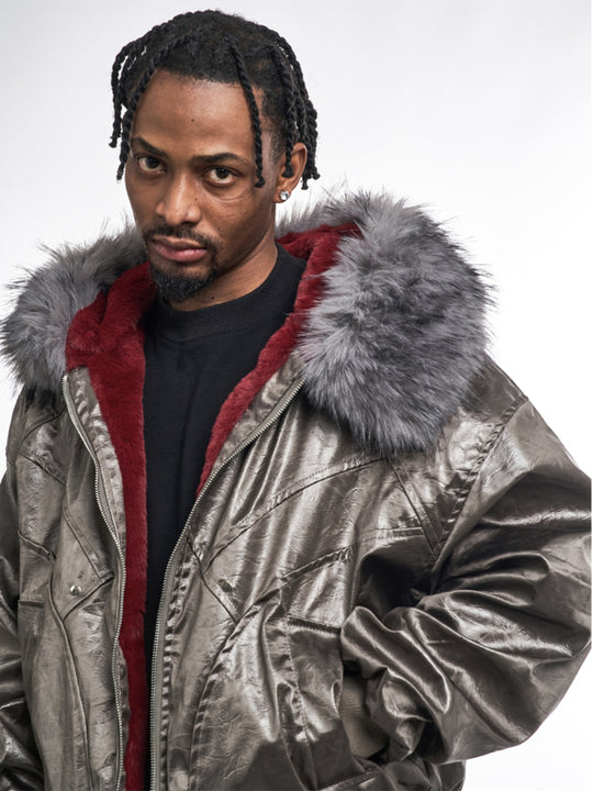 F3F Select Red Velvet Lining PU Leather Fur Hooded Bomber Jacket | Face 3 Face