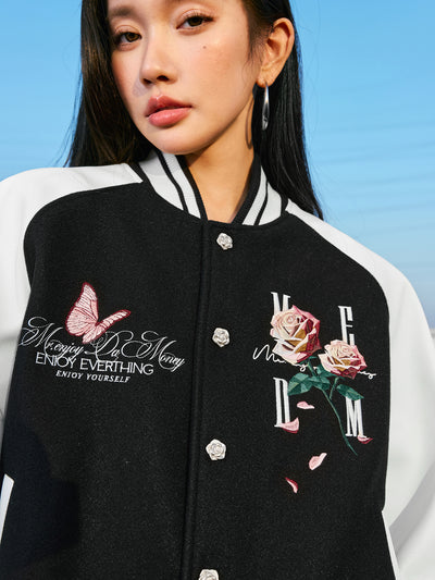 MEDM Rose Button Embroidery Varsity Jacket | Face 3 Face