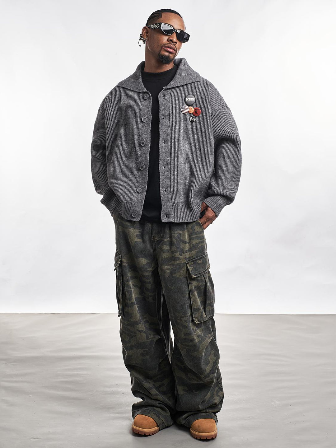 F3F Select Wide Lapel Gray Button Knit Cardigan | Face 3 Face