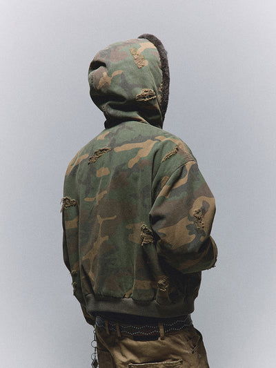 ANTIDOTE Fur Hooded Hole Washed Camouflage Jacket | Face 3 Face