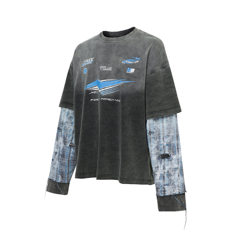 F2CE Washed Racing Patchwork Crackle Printed Long Sleeve Tee | Face 3 Face